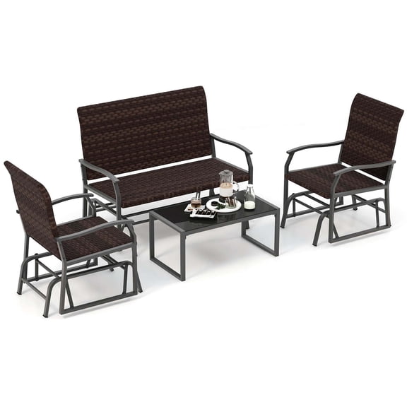 Gymax 4 PCS Patio Gliding Set Wicker Swing Glider Furniture Set w/ Tempered Glass Coffee Table