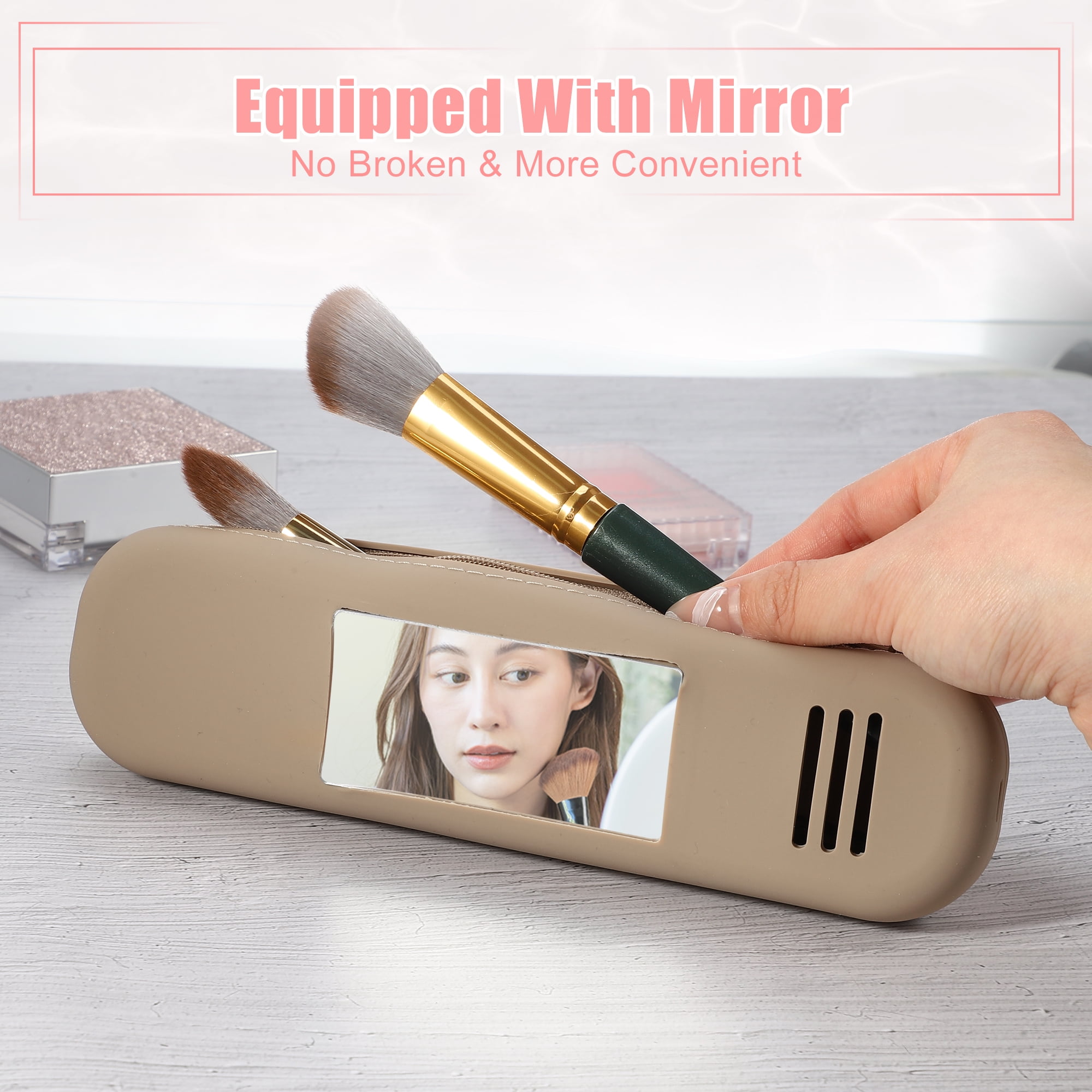 Unique Bargains Silicone Makeup Brush Holder Travel Essentials Makeup Brush Organizer with Mirror Makeup Brush Bag Khaki
