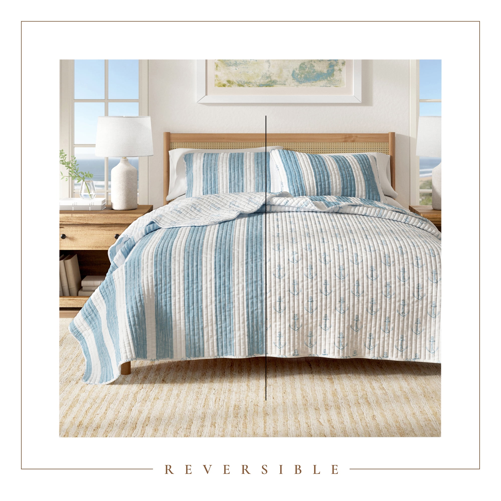 Great Bay Home Casco Bay Nautical Blue Striped Microfiber Quilt, Twin - Reversible (2 Count)
