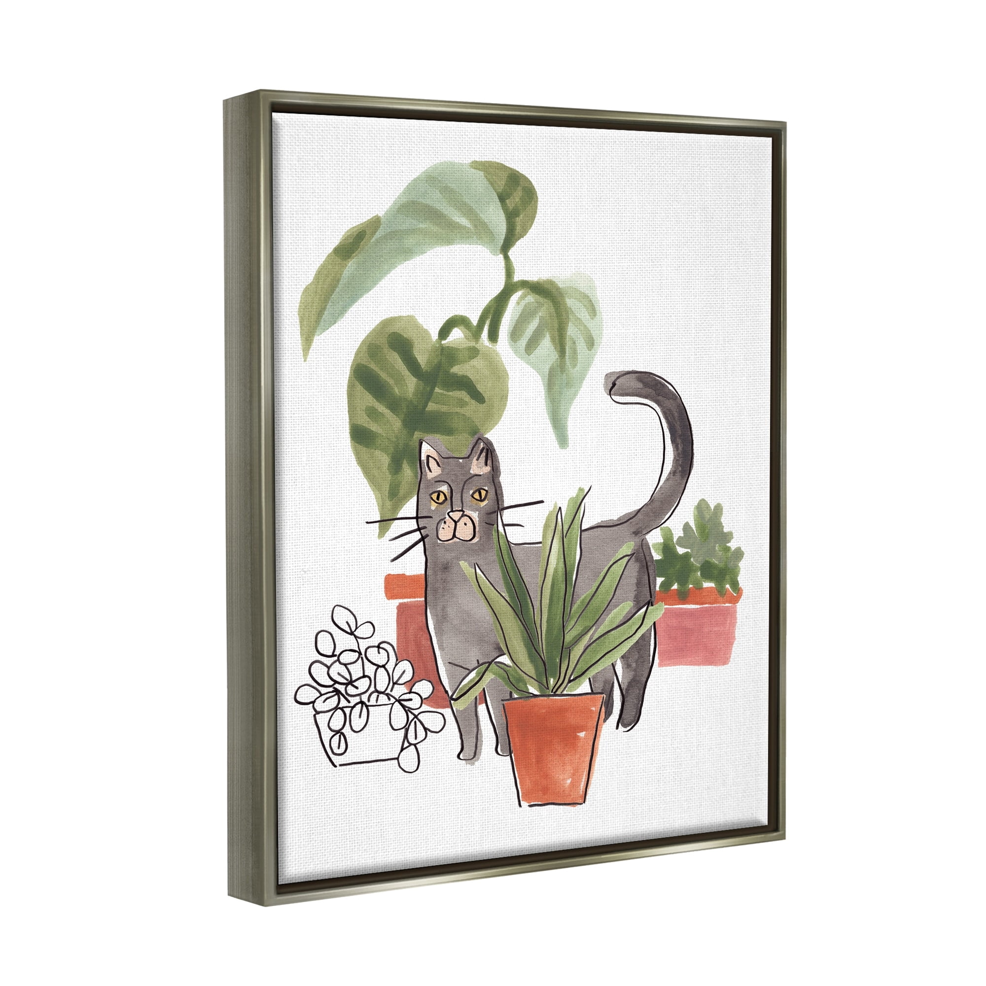 Stupell Industries Grey Cat Pet Terracotta House Plants Tropical Monstera Luster Gray Framed Floating Canvas Wall Art, 16x20, by June Erica Vess