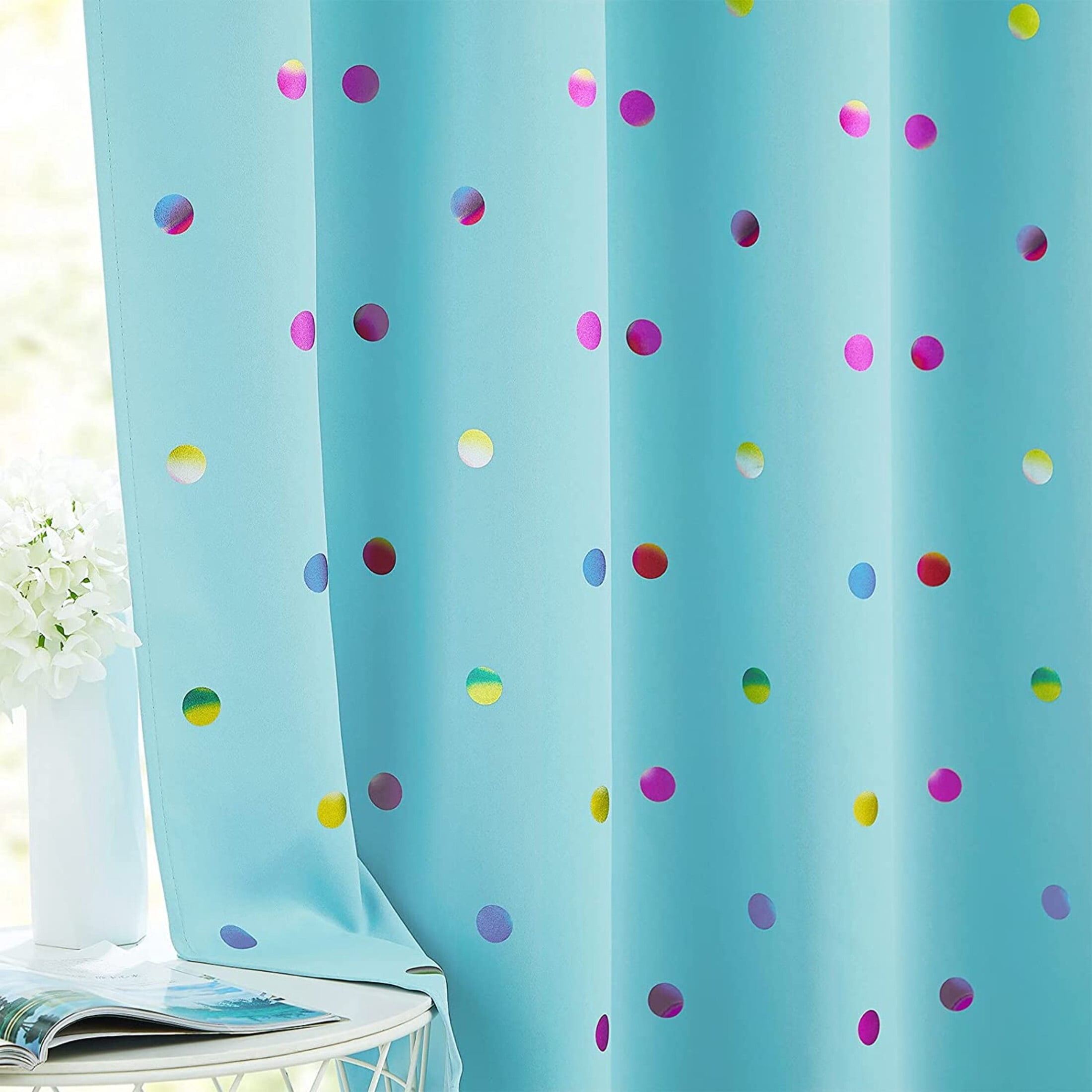 Bazaahm Blue 100% Blackout Curtain Panels for Kids Juvenile Bedroom Living Room 95"L x 52"W Colorful Metallic Polka Dots Printed Room Darkening Draperies, Grommet Top 2pcs