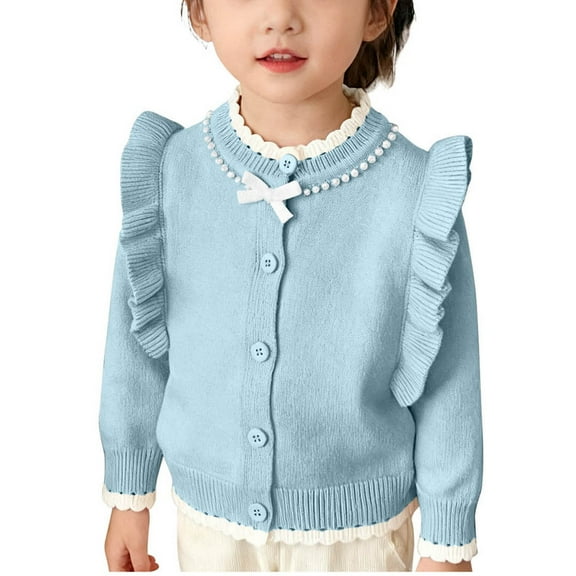 QQAMB Girls Cardigan Sweater Button Down Crewneck Cute Ruffle Long Sleeve with Pockets Solid Color Knit Tops