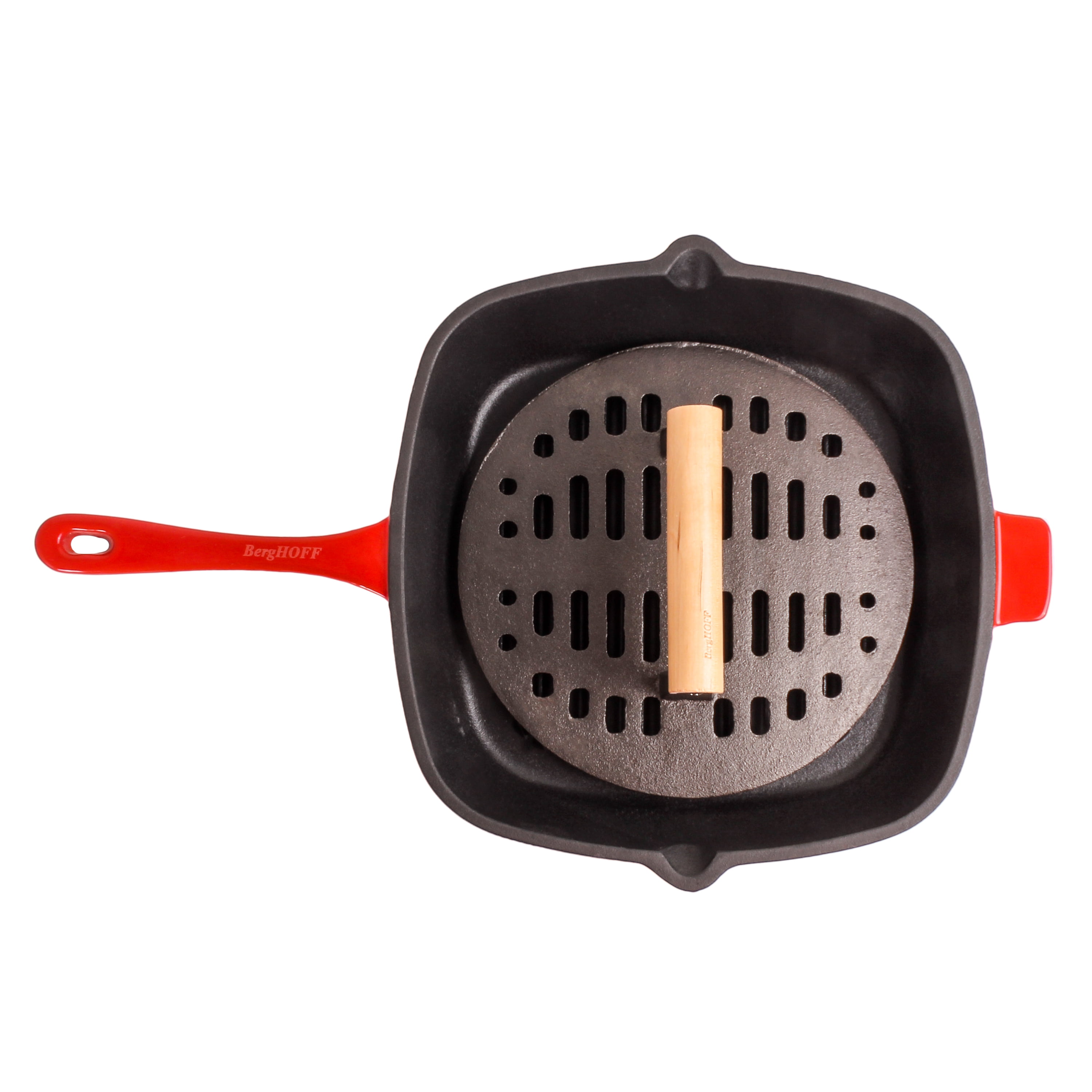 BergHOFF Neo 2pc Cast Iron 11" Grill Pan with Slotted Steak Press, Red