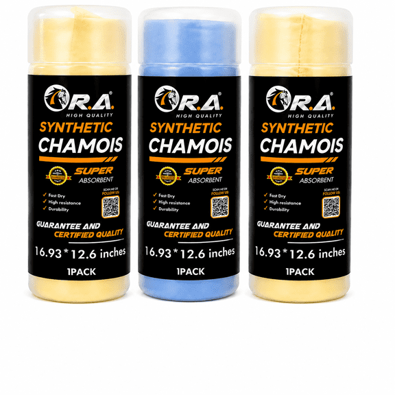 R.A. Auto Parts Shammy Car Drying Chamois Cloth 3-Pack 16.93x12.6 inch PVA Yellow Blue Super Absorbent Scratch Free