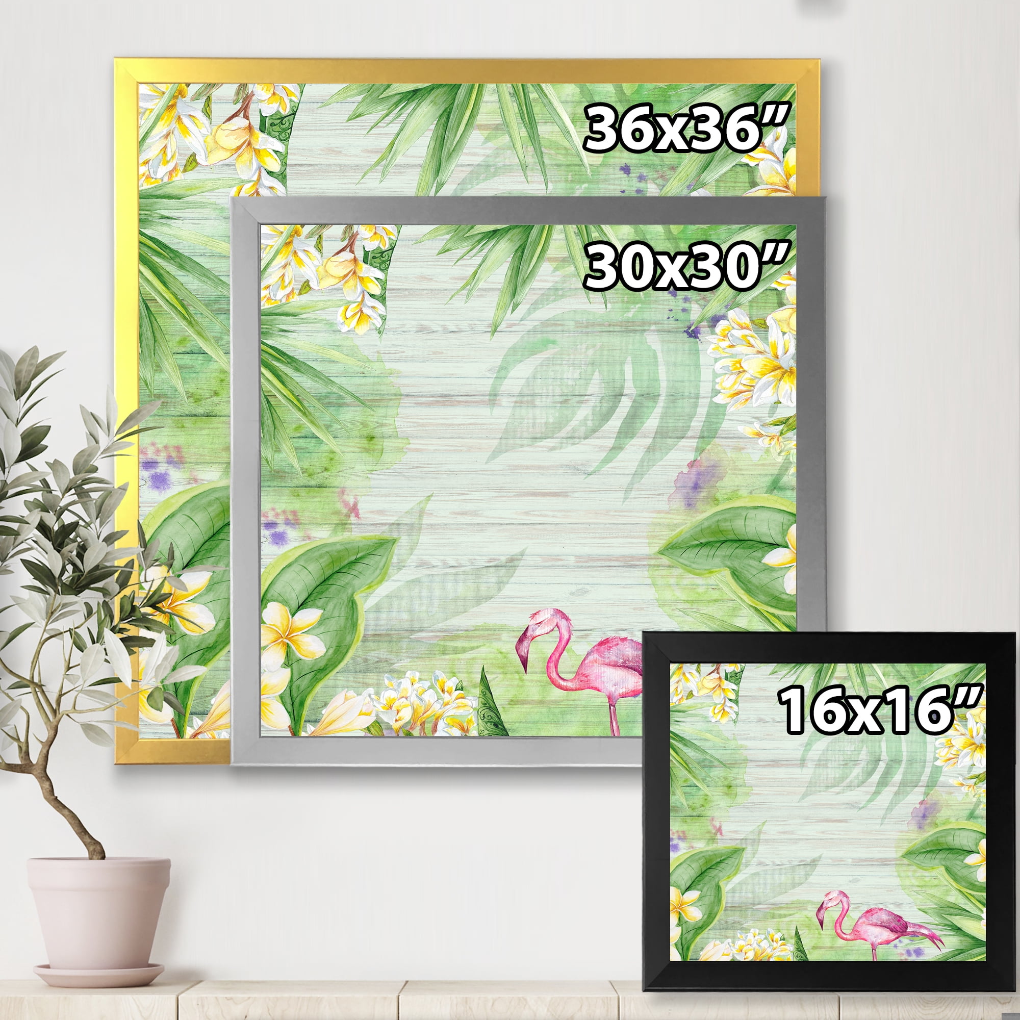 Designart 'Yellow Flowers, Tropical Foliage With Flamingo I' Modern Framed Art Print