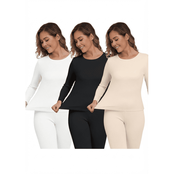 MINTREUS Long Sleeve Shirts for Women 3 Pack Scoop Neck Fitted Tops Thermal Undershirt Stretch Base Layer Soft Tee