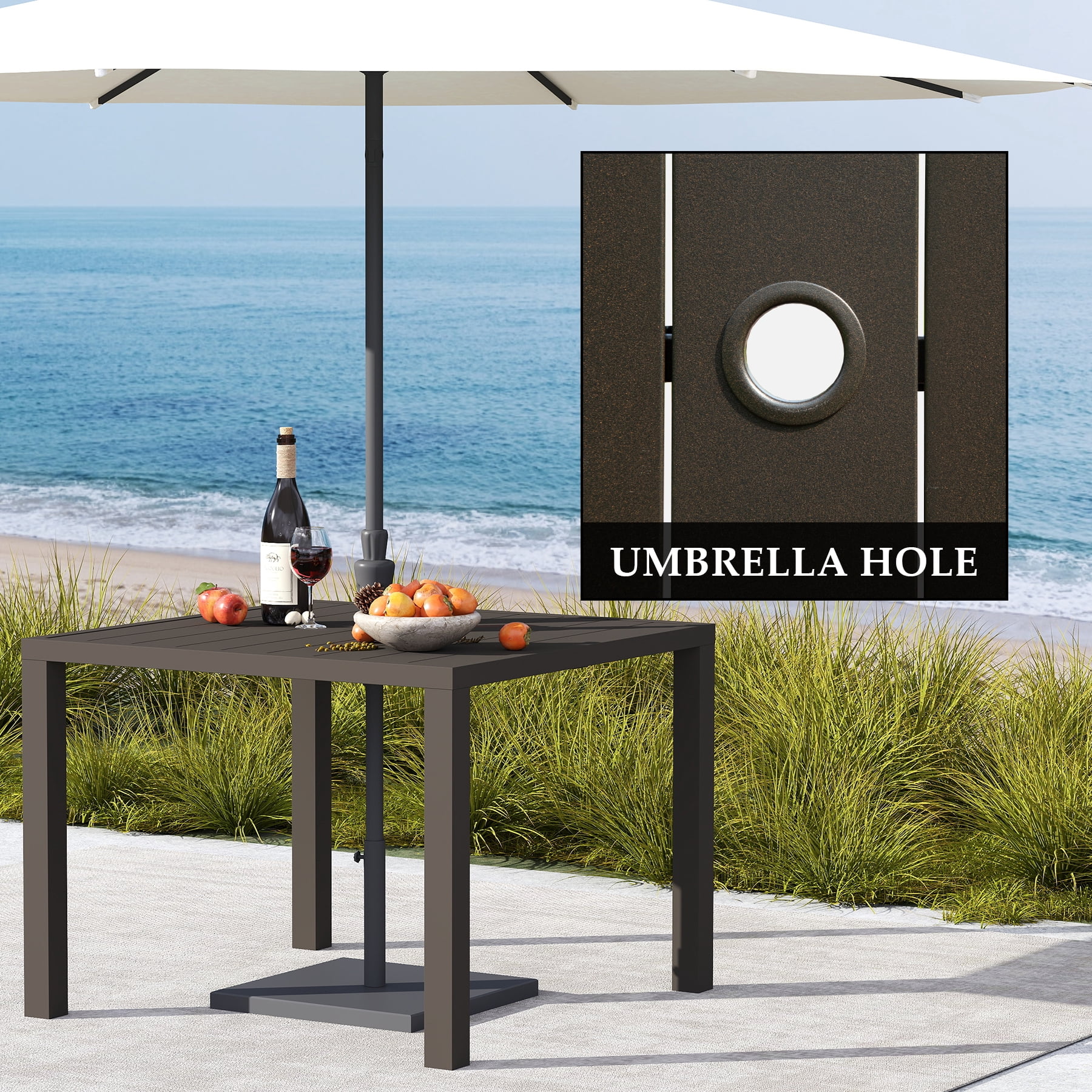 Outdoor Dining Table for 4 Person,Square Slatted Metal Patio Table for Deck Garden Lawn Backyard Use with Umbrella Hole, Brown
