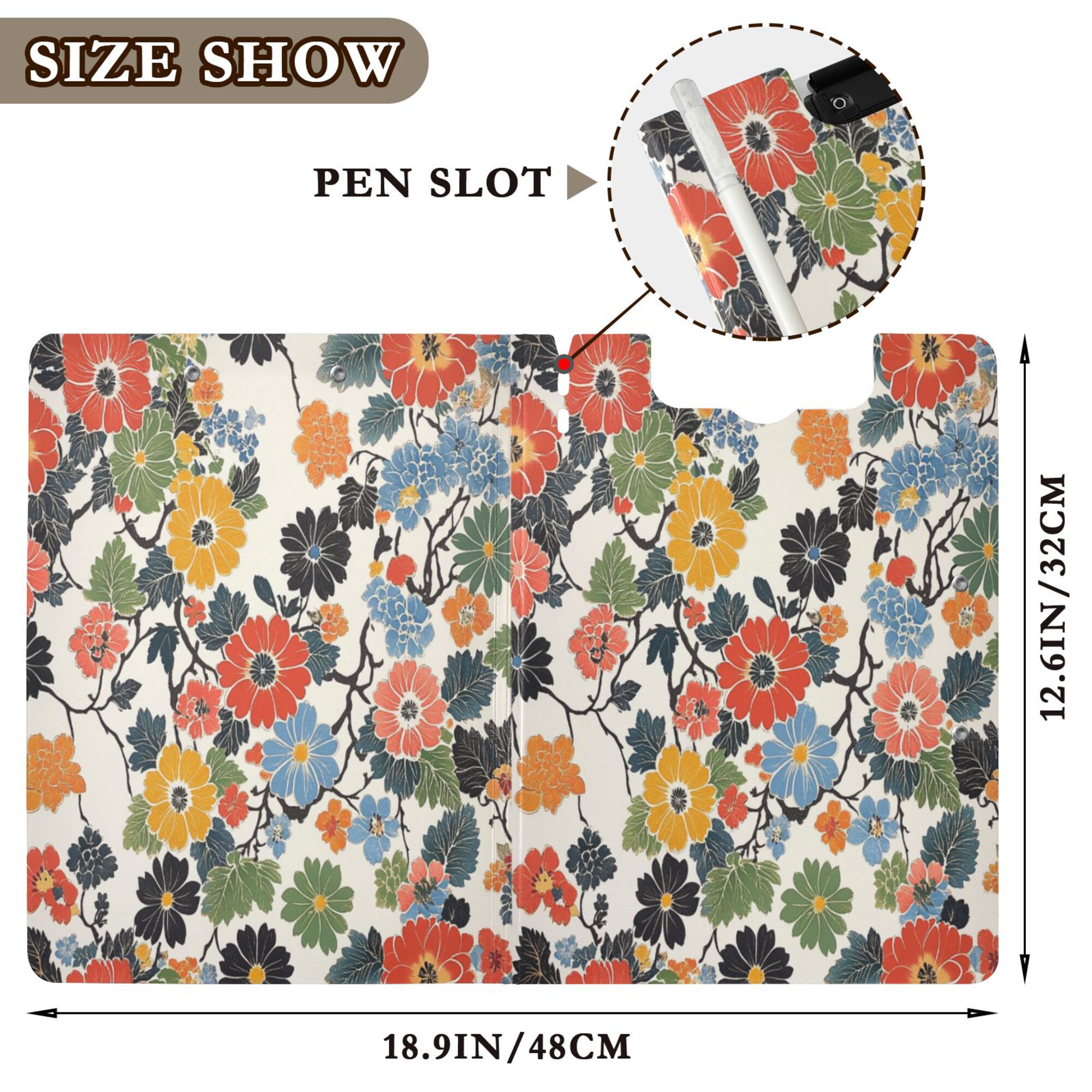 FORMRS A4 Clipboard Folder with Pen Holder Horizontal Foldable School Office Binder, Black Flowers Pattern