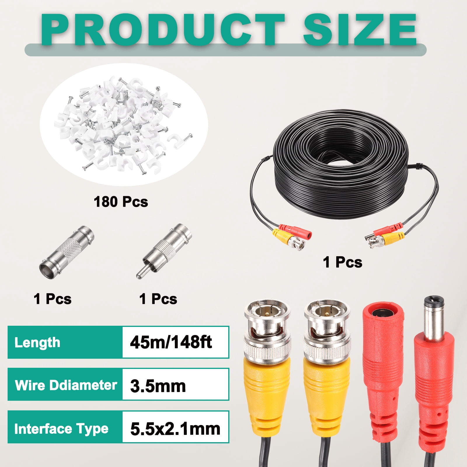 BNC Video Power Cable,45m/148ft All-in-One Security Camera Wire,1 Set Black