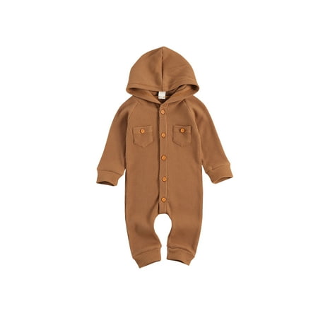 

CIYCuIT Newborn Baby Boy Girl Solid Romper Unisex Infants Hooded Outfit Clothes Waffle Cotton Button Jumpsuits