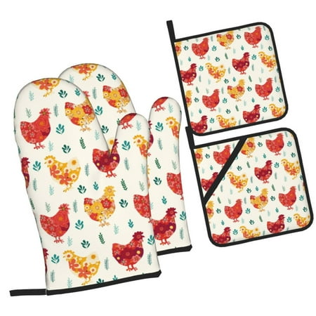 

Daiia Flower Chicken Pattern Oven Mitts and Pot Holders 4 pcs Set High Heat Resistant 500 Degree Extra Thicken Long Kitchen Cotton Oven Glove