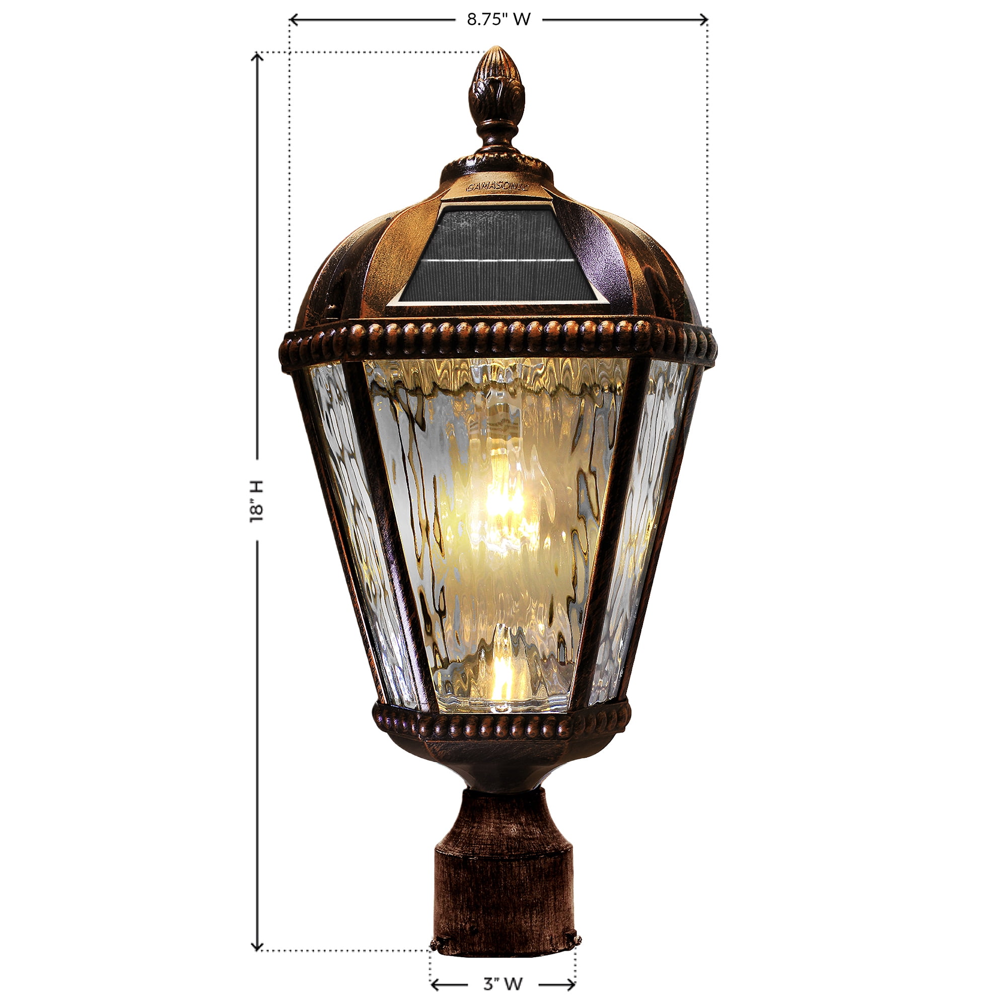 Gama Sonic Outdoor Solar Post Light, Brushed Bronze Finish Aluminum, Royal Bulb, Clear Rainwater Glass, 3-inch Fitter for Lamp Posts or Pier Mount (Sold Separately) 98B112