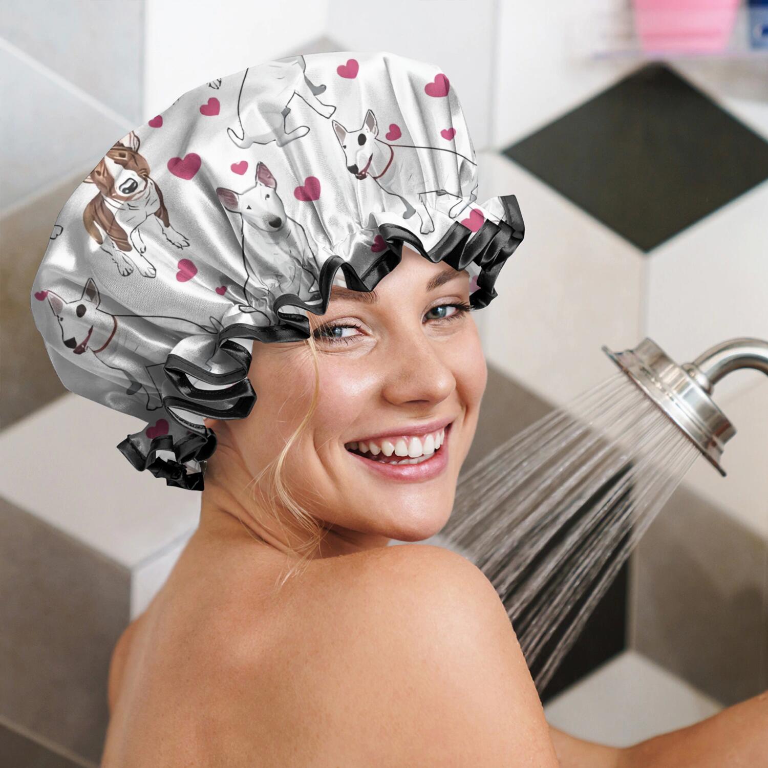 Shower Caps,Bull Terriers and Hearts Waterproof Shower Cap for Women 4 Pieces,Double Reusable Hair Cover for Shower PEVA Elastic Stretch Hem