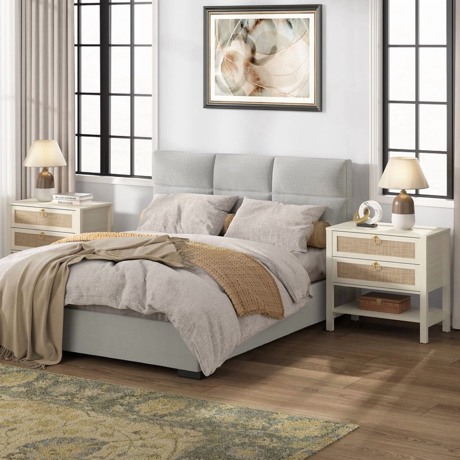 SICOTAS Cream White Rattan Nightstands Set of 2 with 2 Large Drawers, Boho Night Stand End Table  with 2 Large Drawers  Coastal Furniture Set for Bedroom