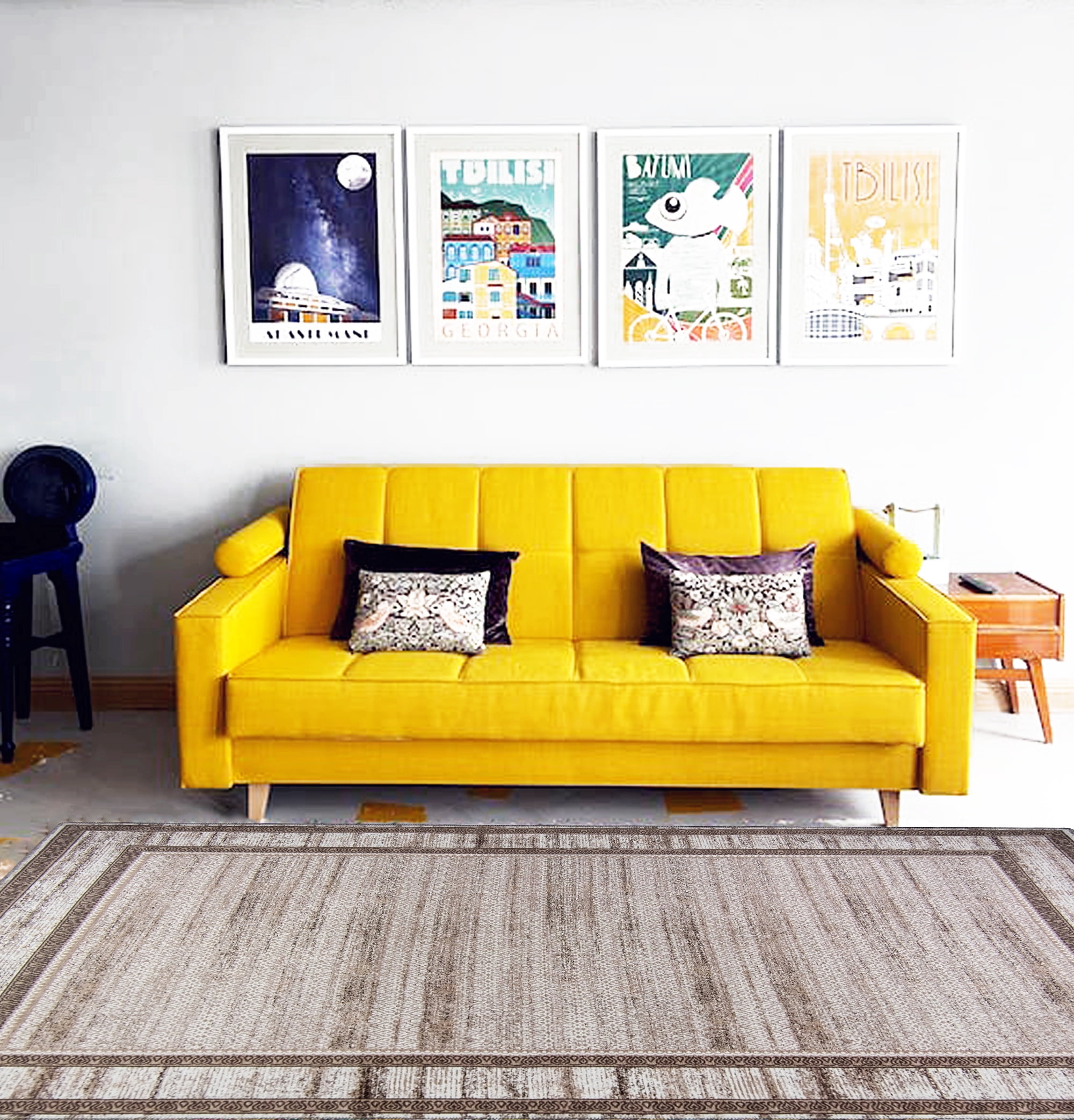 Gloria - Washable Area Rug Low Profile Bordered Washable Runners Anti Slip Backing Rugs for Living Room Light Weight Foldable Carpet