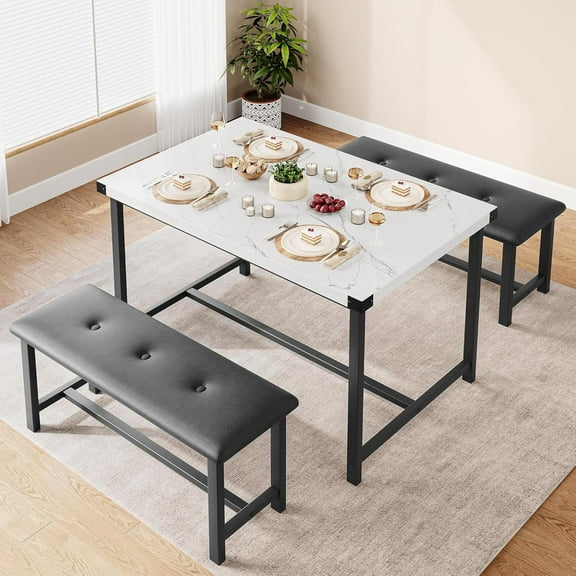 3-Piece Rectangular Dining Set for 4: Kitchen Table with 2 Upholstered Benches, MDF Top & Metal Frames, Space-Saving for Apartments.