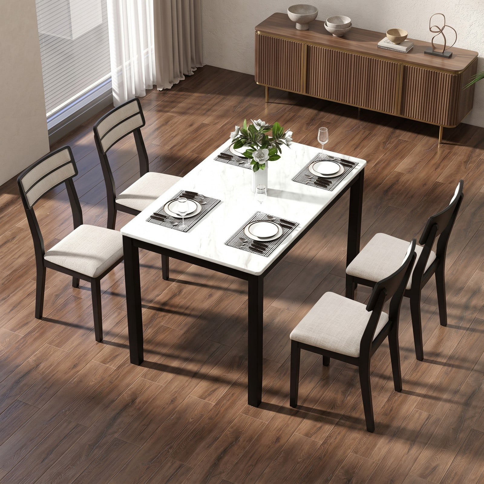 Furnibear Modern Dining Chairs Set of 4, Upholstered Linen-Feel Fabric Kitchen Chairs with Tilt Backrest and Rubber Wood Legs, Padded Accent Side, Beige and Black