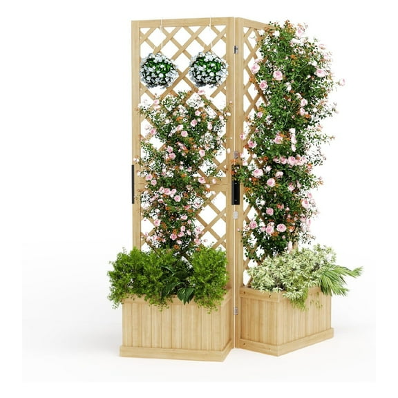 Home Garden Cedar Privacy Screen with Planter Box - Garden Fence Panel,2/3 Hinged Freestanding with Drain Holes, Natural Wood Room Divider for Patio, Deck, Backyard & Balcony,Raised Garden Bed Kit