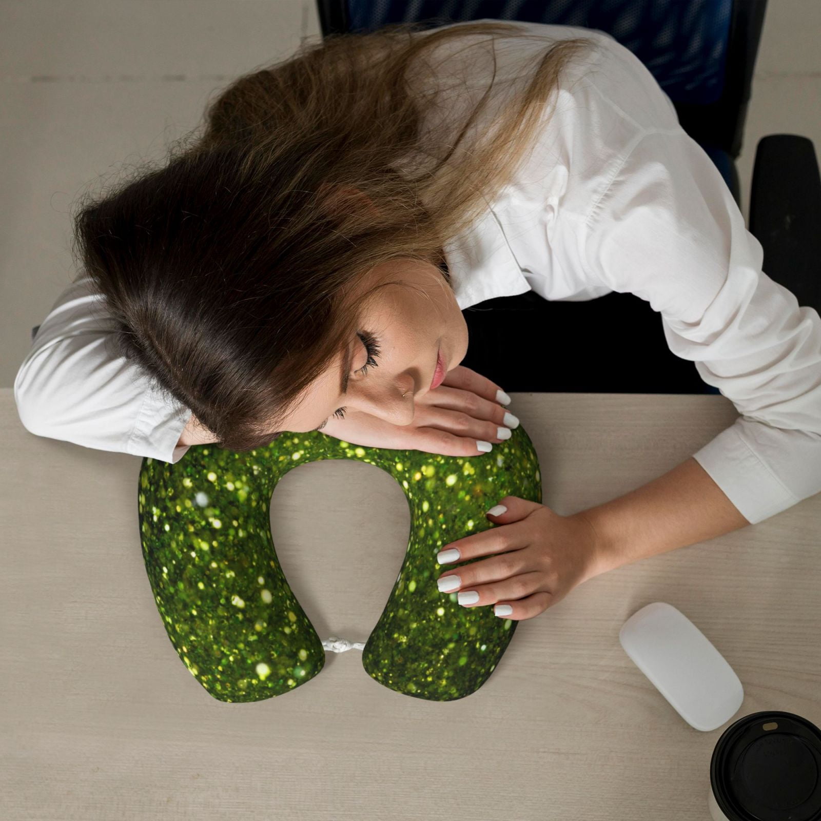 Xecao Green Glitter Sparkle Print Memory Foam Cervical Neck Pillow Versatile U-Shaped Pillows for Home,Office,Camping,Travelling,Soft Washable Cover