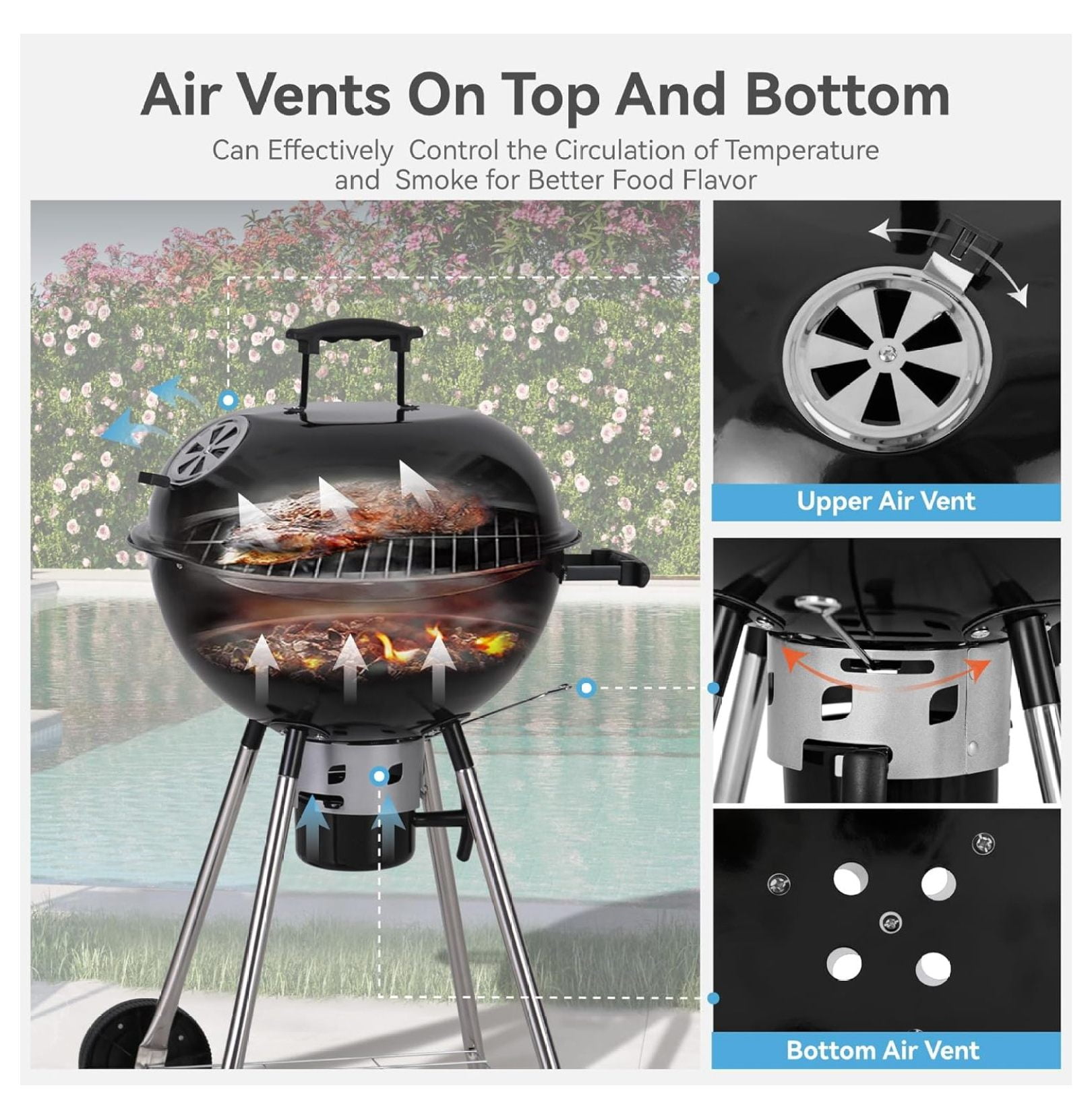 18 inch Kettle Charcoal BBQ Grill with Wheels, Portable Charcoal Grill with Porcelain-Enameled Lid & Catcher for Outdoor Cooking Barbecue Camping Picnics Tailgating