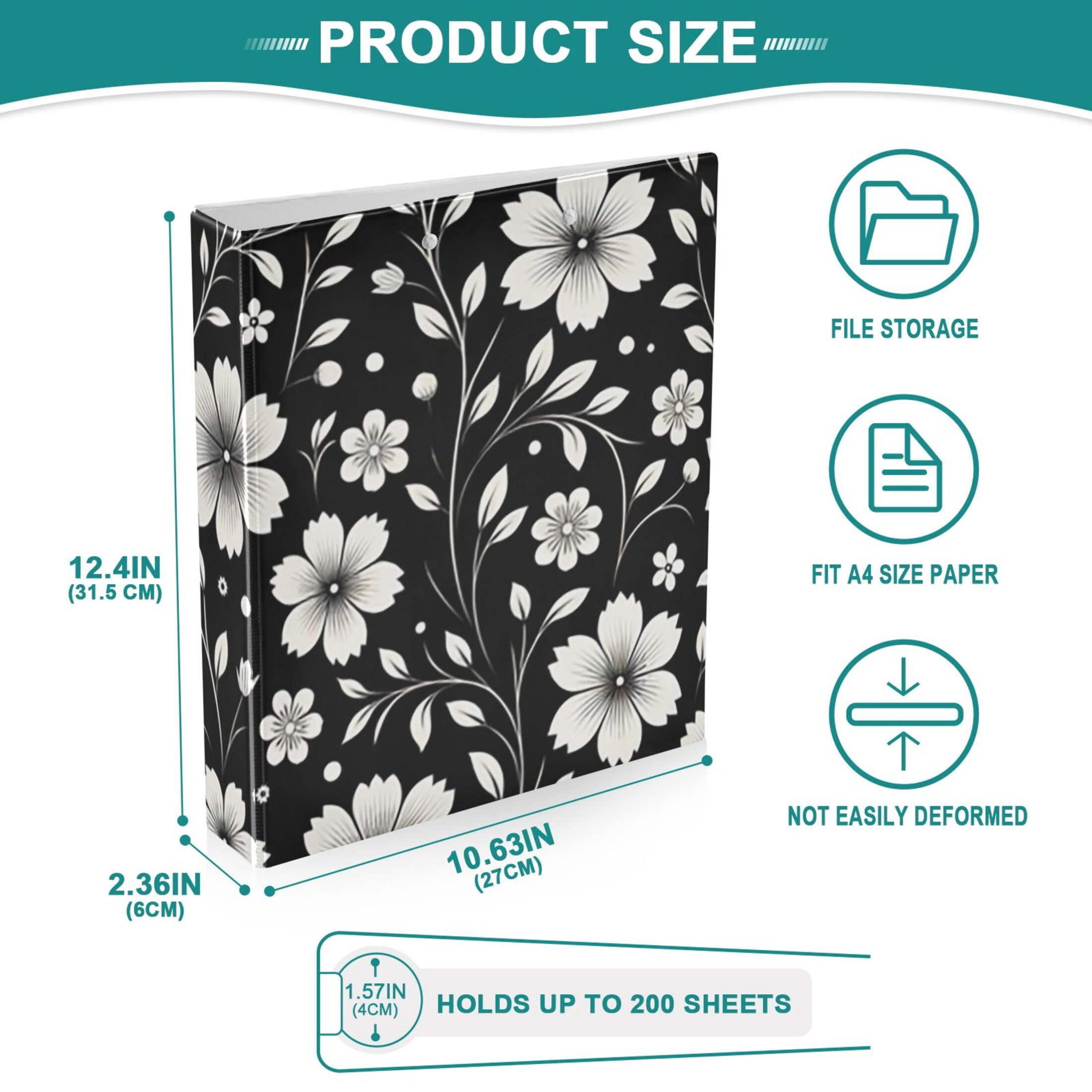 Retro White and Black Flowers 3 Ring Binders 1.5 inch Hardcover File Folders with Interior Pockets A4 Size Organizer for School Office Hospital