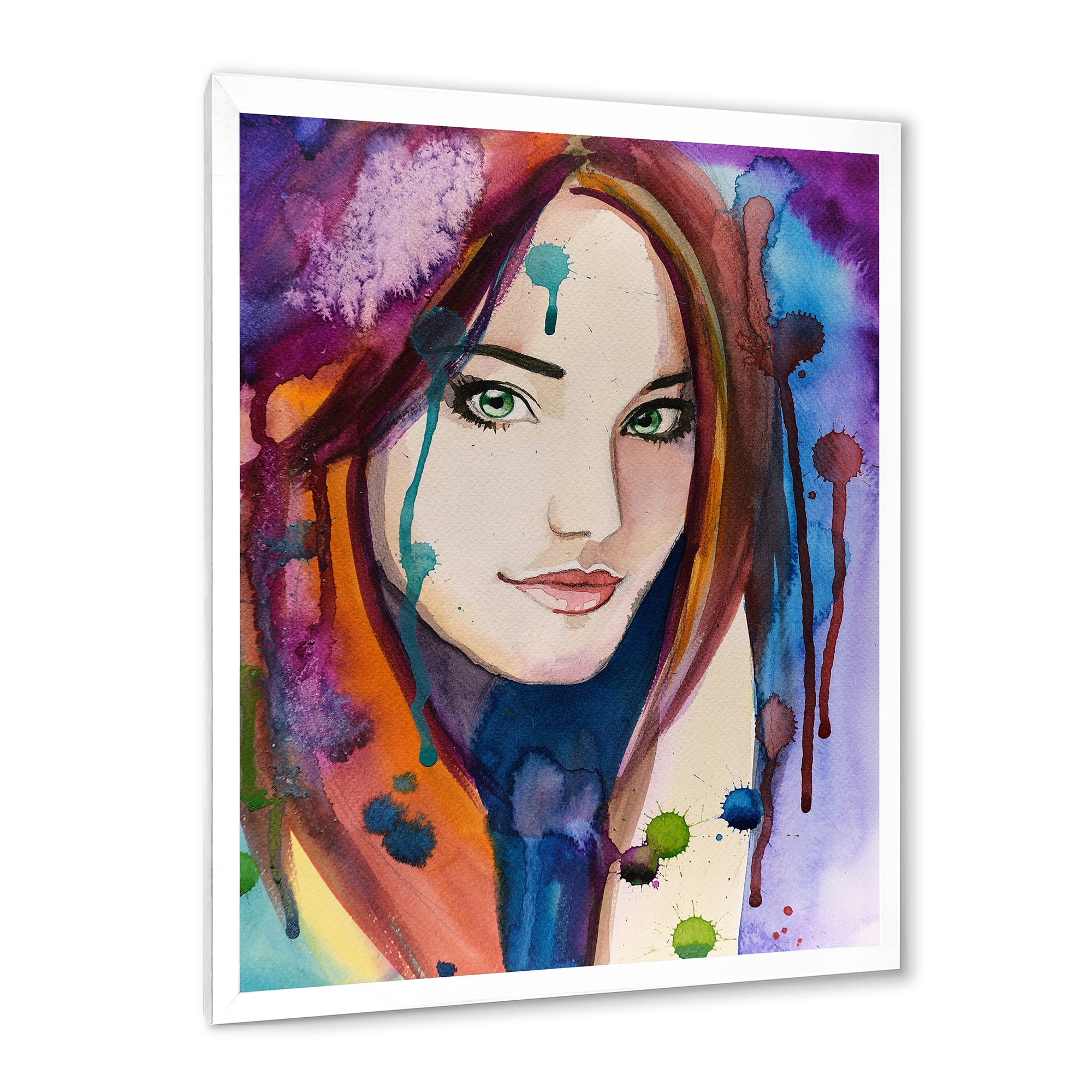 Designart 'Colorful Portrait Of Green Eyes Young Woman' Traditional Framed Art Print