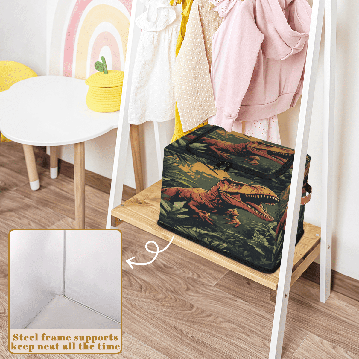 ADECORIVY Tropical Dinosaur Fabric Storage Bin with Lid, Decorative Closet Shelf Organizers, Tyrannosaurus Rex Foldable Basket Box Clothes Storage Bin with Handles