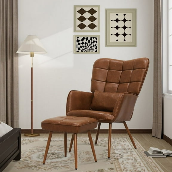 Abble Faux Leather Accent Chair with Ottoman and Toss Pillow for Living Room, Bed Room, Brown