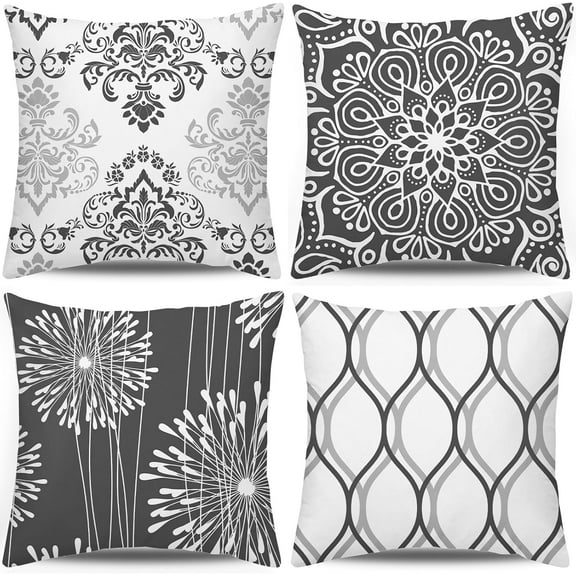 Decorative Throw Pillow Covers 16x16 Set of 4, Dark Grey and White Modern Simple Square Pillow Case Cushion Cover for Sofa Couch Farmhouse Outdoor Living Room