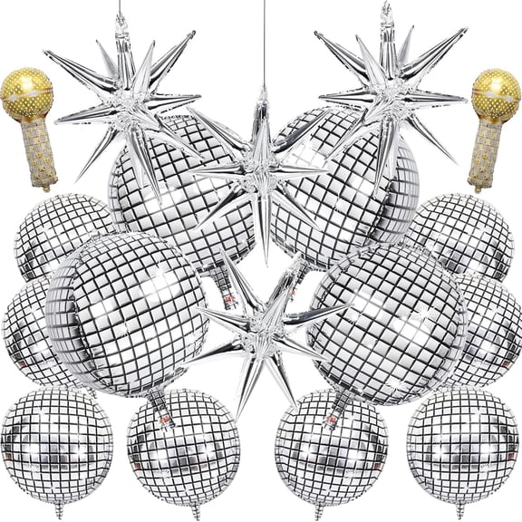 18 Pcs Disco Ball 4D Large Foil Balloons With 2 Gold Microphone, Explosion Star Aluminum 22, 15, 10 Inches Silver for Disco Party Supplies