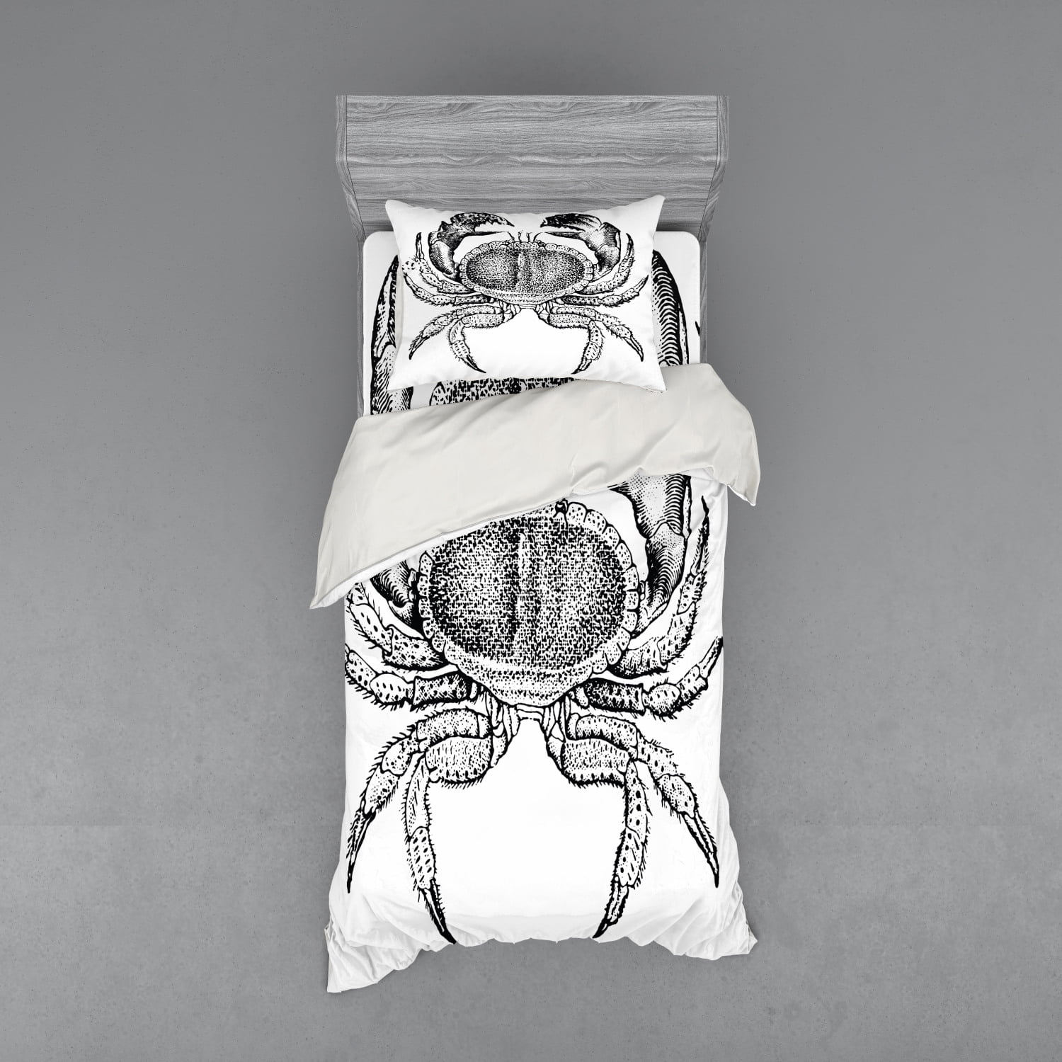 Crabs Duvet Cover Set, Seafood Themed Design Vintage Engraved Illustration of an Edible Crab