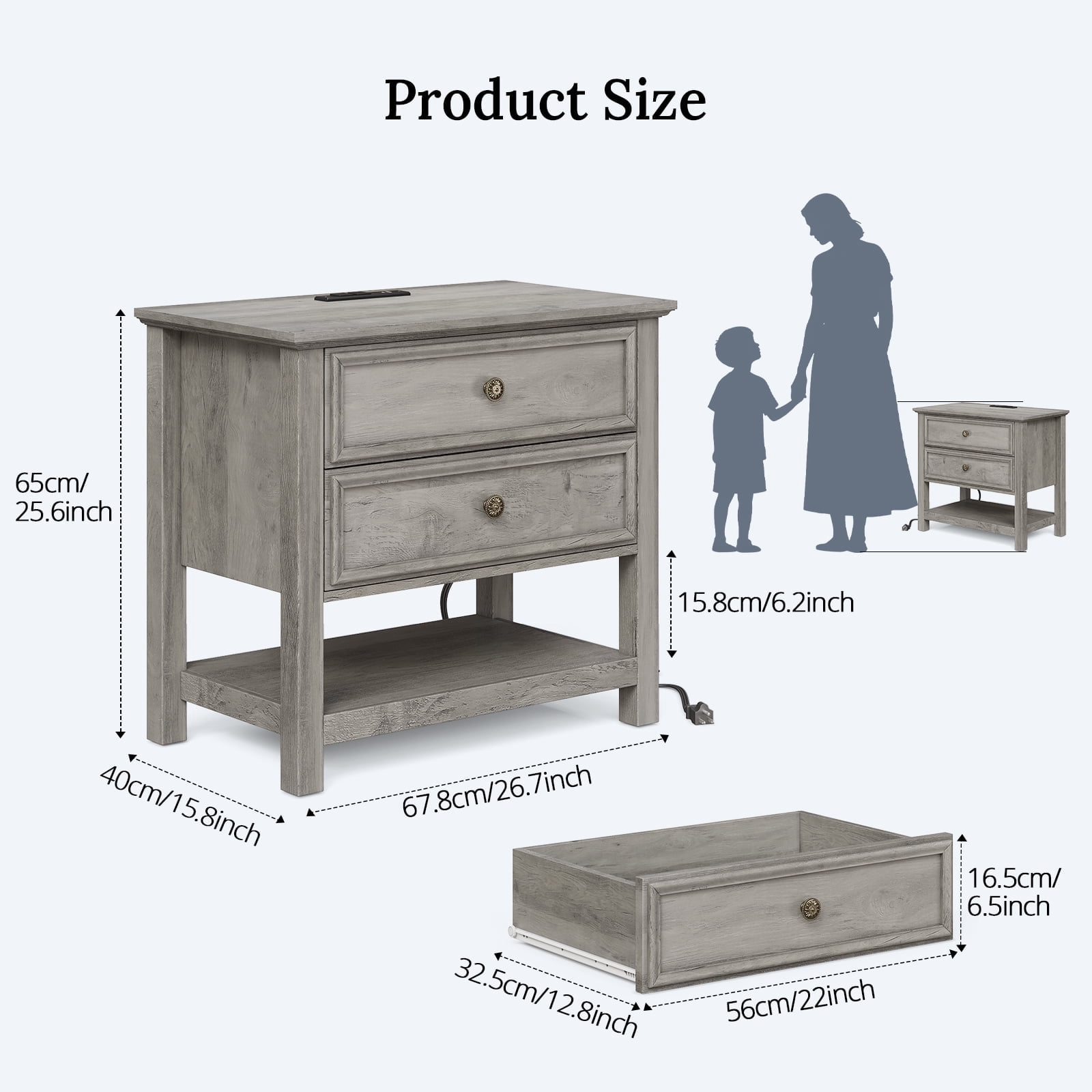 Holliwill 2 Drawer Dressers for Bedroom with Charging Station, Modern Wood Chest of Drawers with Open Storage for Living Room, Hallway, Gray