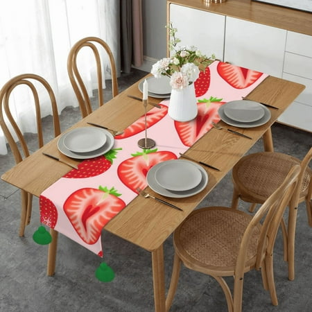 

Kawaii Pink Strawberry Print Table Runner Imitation Linen Table Runner With Green Tassels For Party And Dining Room 14 x 60