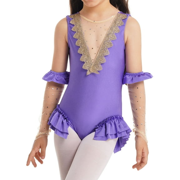 Miutii Kids Girls Sparkle Circus Show Trapeze Costume Dance Leotard with Mesh Gloves Performance Lavender 5