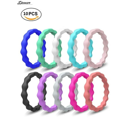 Spencer 10 Pack Women's Thin and Stackable Silicone Rings Wedding Bands Sport Outdoor Single Rings for Girls Gift 3mm Width