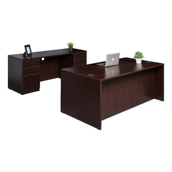 Pemberly Row Contemporary Desk and Credenza with 2 Pedestals in Mahogany