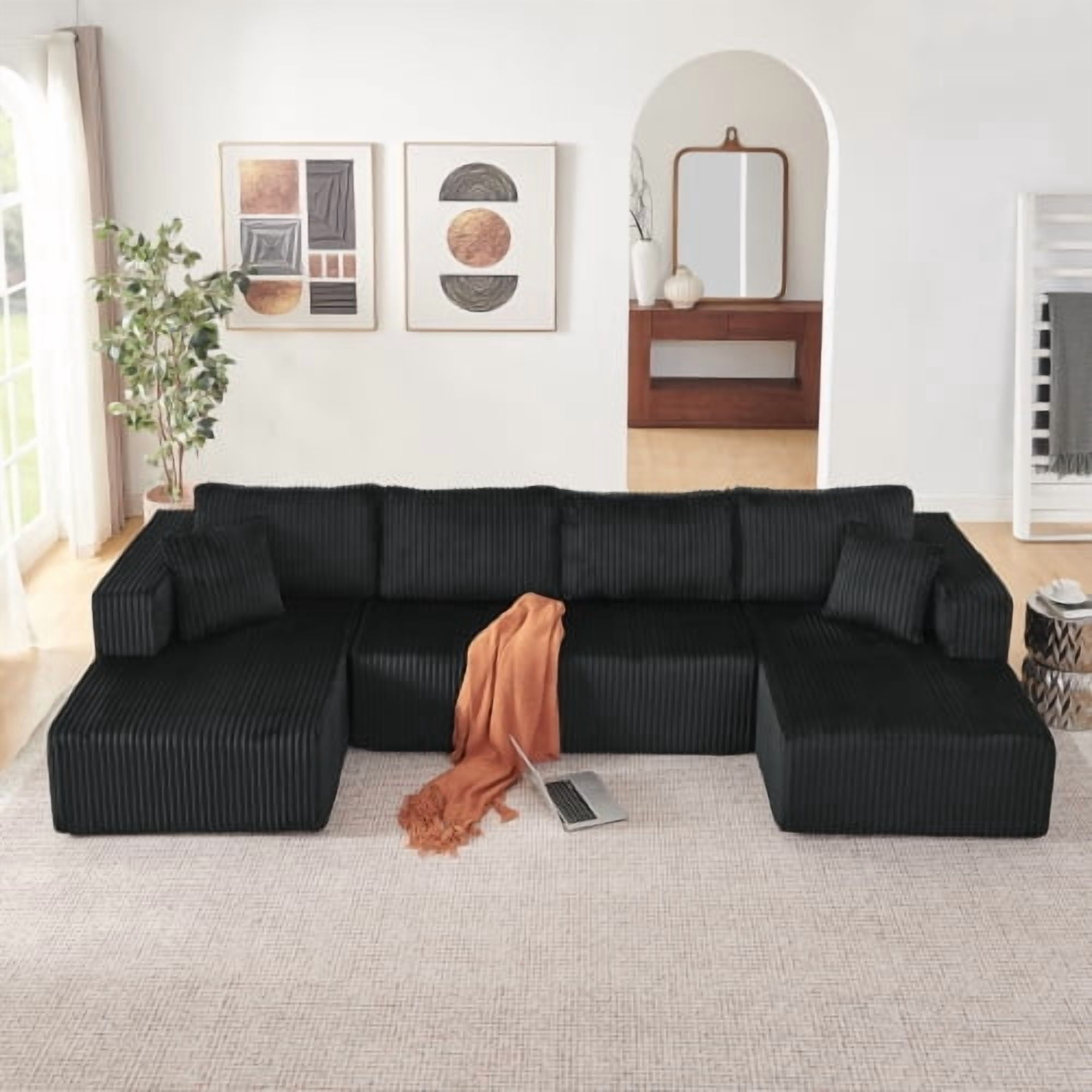 132" U-Shaped Modular Sectional Sofa, Compressed Cloud Couch with Side Pockets, Corduroy Memory Foam Sleeper Sofa, No Assembly Required, Black