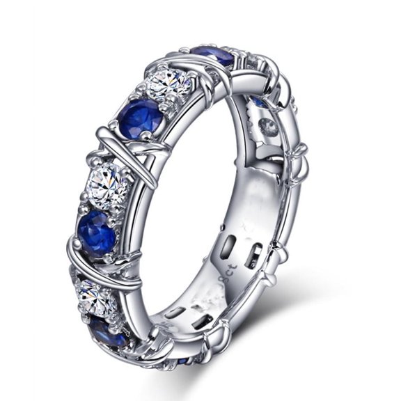Designer 2 Carat alternating Moissanite Diamond And Blue Sapphire Wedding Ring Band in 10k White Gold