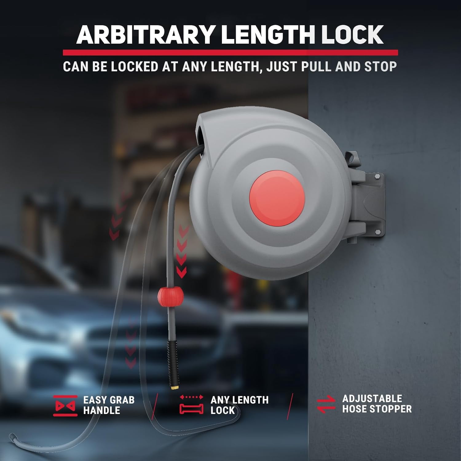 Air Hose Reel 50 Ft Retractable, 3/8 In Auto Rewind Air Hose Reel with Air Blow Gun, Any Length Lock, 180° Swivel Wall Mount Air Tool for Garage Workshop
