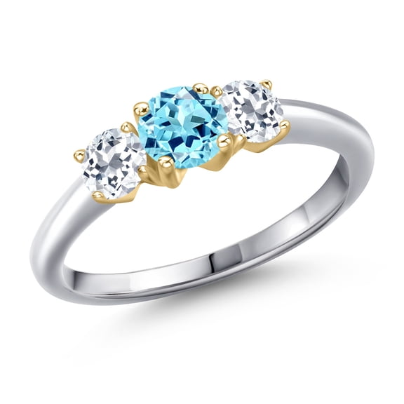 Gem Stone King 925 Silver and 10K Yellow Gold Blue Apatite and White Topaz Engagement Ring for Women | 1.16 Cttw | Round 5MM | Gemstone Birthstone | Size 6