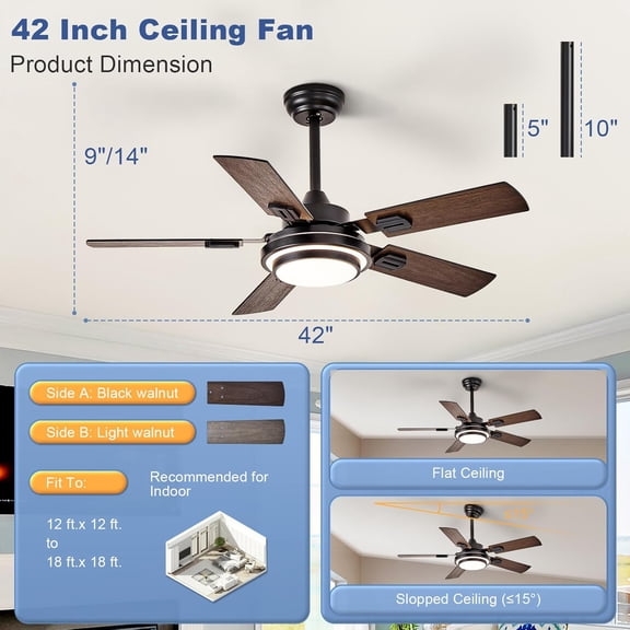 42-Inch Ceiling Fan with Light: Walnut Dual  Reversible Blades, Farmhouse Style with Remote & APP Control for Living Room Outdoor Patios