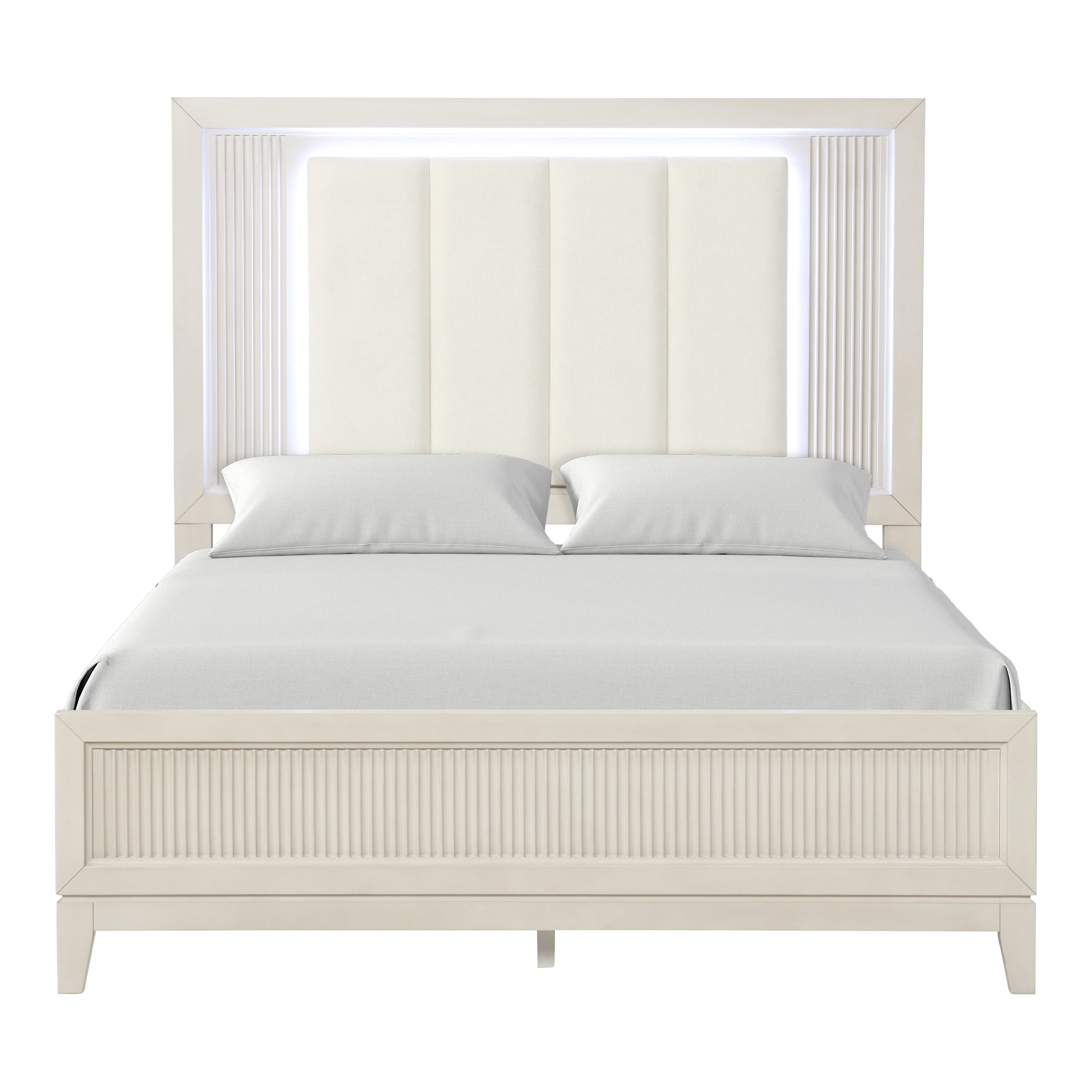 Furniture of America Fenton Solid Wood Queen Panel Bed with LED Light, Antique White