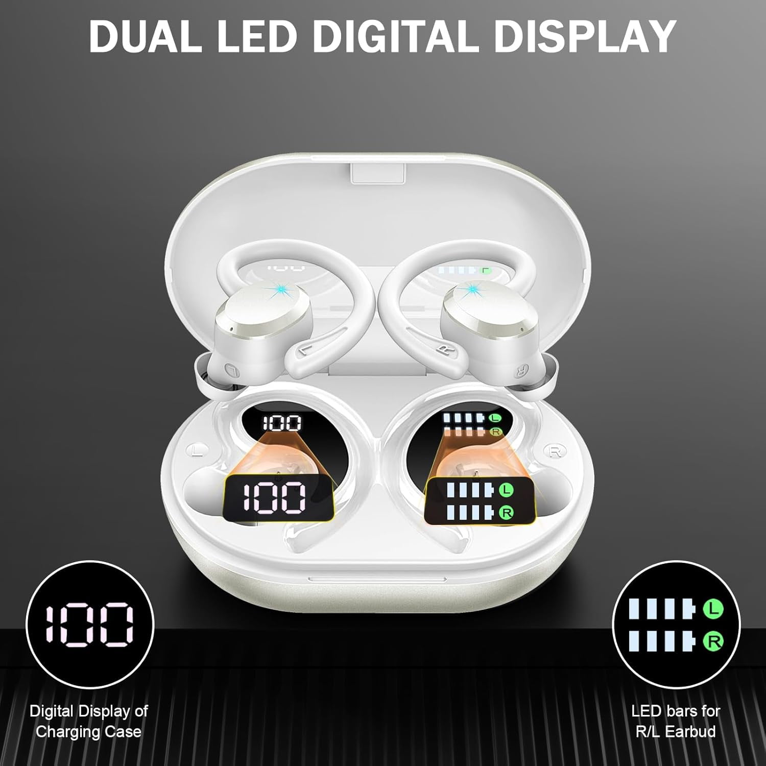 Wireless Earbuds Hi-Fi Bass Stereo 56H Noise Cancelling IPX7 Waterproof Sport Earphones with Earhook-White