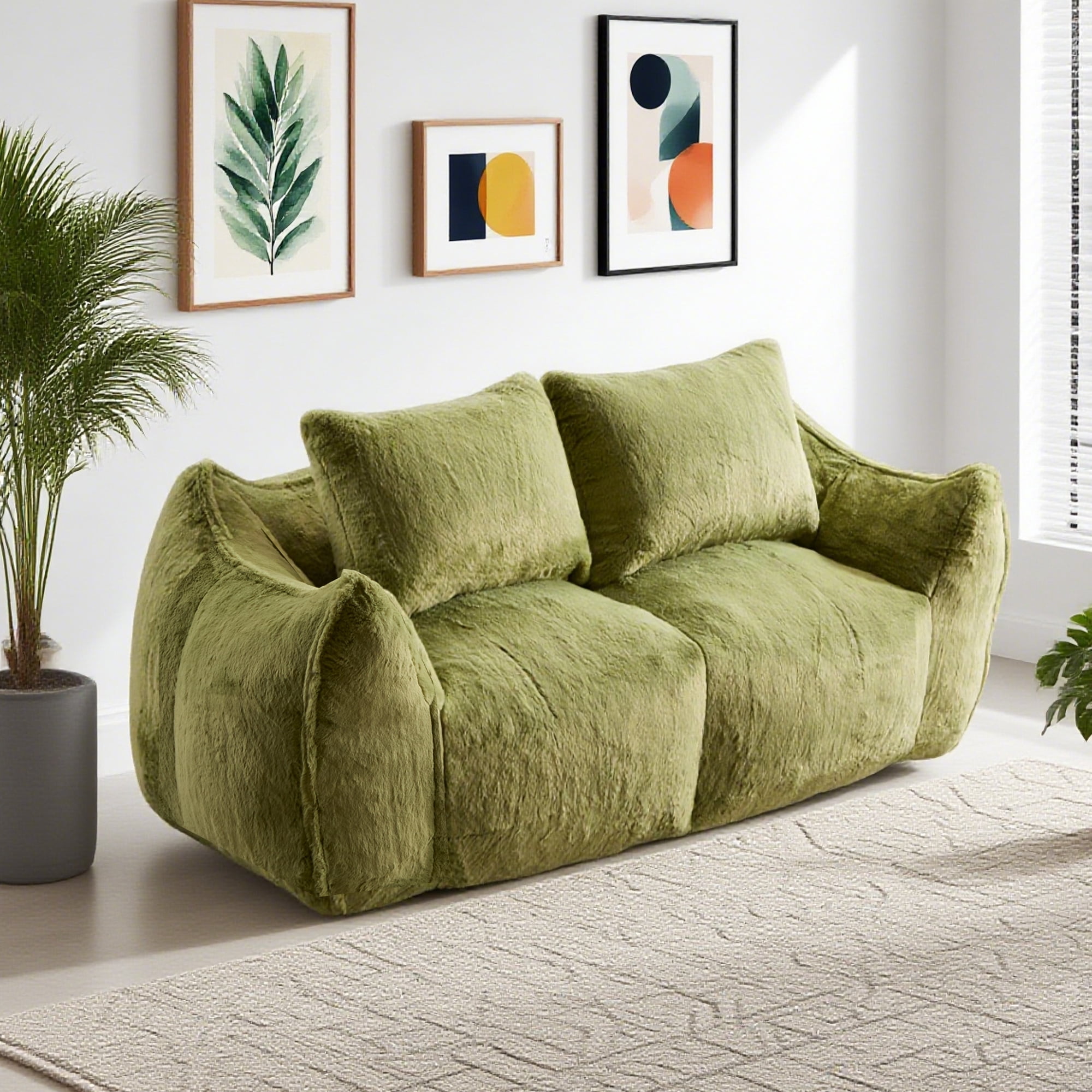 Aukfa Faux Fur Loveseat, 25" Deep Seat Giant Bean Bag Sofa for Living Room, Green