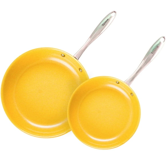 Non Stick Frying Pans - Tuxton Home Concentrix 2-Piece Stainless Steel Pan Set - Stove & Oven Compatible 8-inch & 11-inch Ceramic Frying Pan with Riveted Handles - Saffron Yellow Nonstick Pan Set