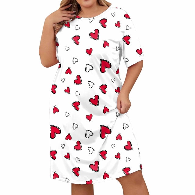 WZXFASHION Robe de Nuit Décontractée Grande Taille pour Femmes, Imprimé Cœur, Manches Courtes, Col Rond, Extensible Moyen, Chemise de Nuit Ample, Blanc TTG