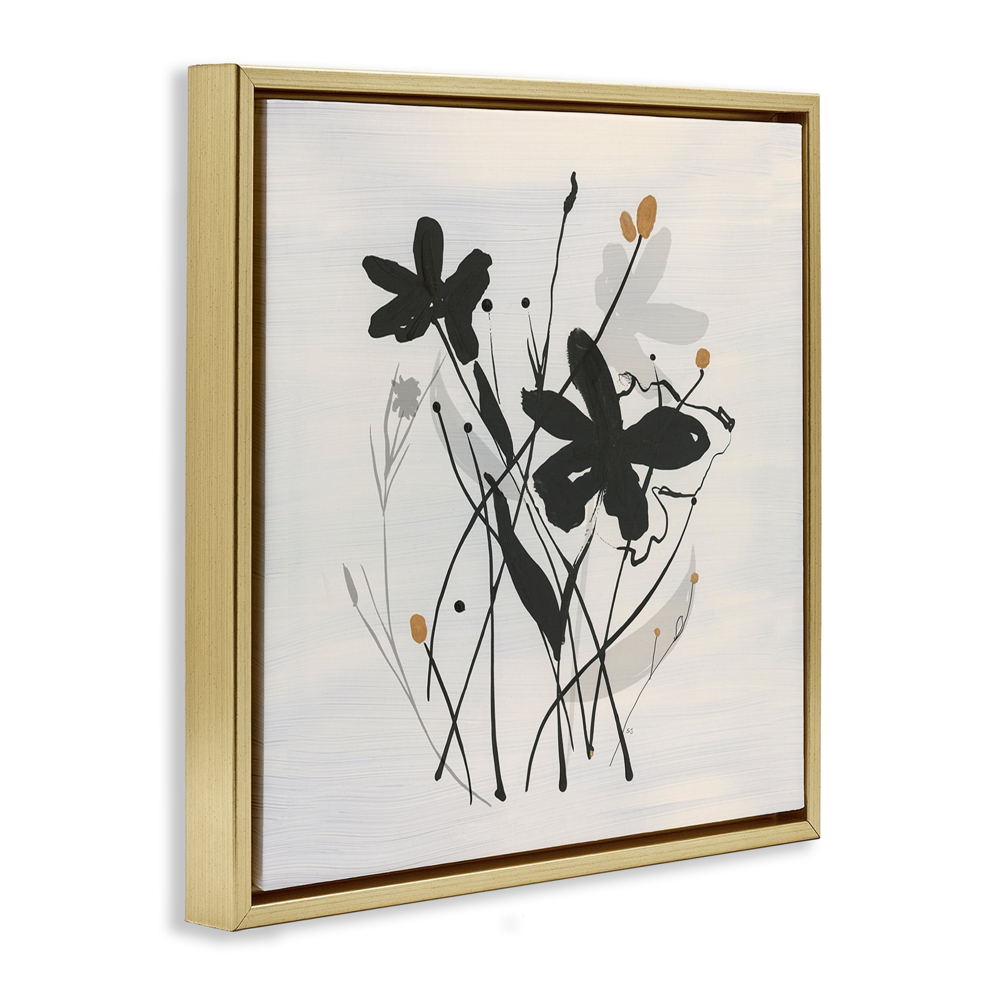 Stupell Industries Abstract Flower Squiggles Plants & Flowers Painting Gold Floater Framed Canvas Art Print Wall Art, 25 x 25