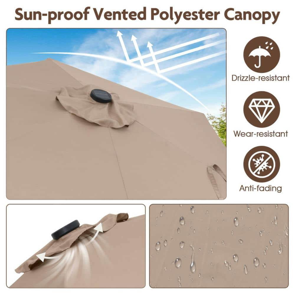 Spaco 7.5 Feet Solar Powered Patio Umbrella, Outdoor Shade with LED Lights and Crank Handle, Brown