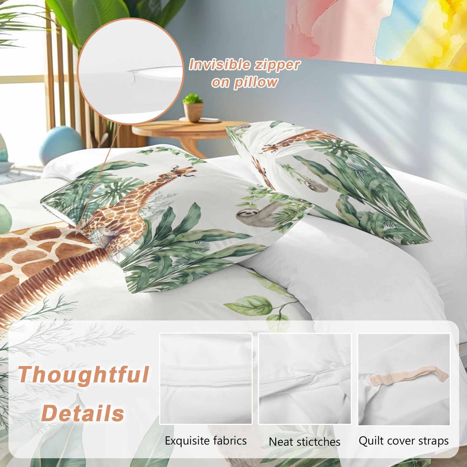 Tropical Giraffe Sloth Bedding 3 Piece Duvet Cover Set Queen Size, Watercolor Summer Palm Leaf Soft Microfiber Comforter Cover with Zipper Closure & Pillowcases, Wrinkle & FadeResistant Quilt Cover