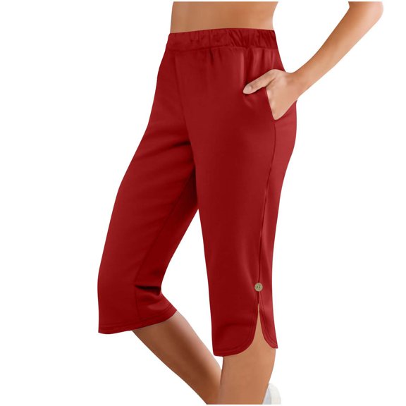 Yuanlook Womens Drawstring Waist Capri Pants with Button & Slit Hem Casual Trousers Size S-XXL